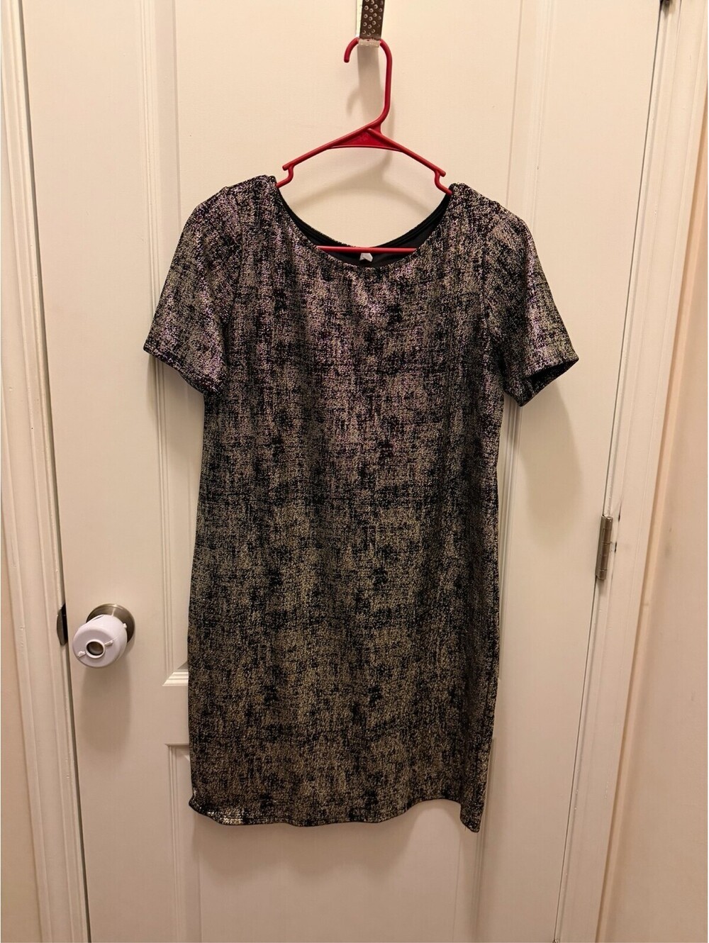 Metallic Shimmer Shift Dress Women Short Sleeve Cocktail Party Dress Sz L